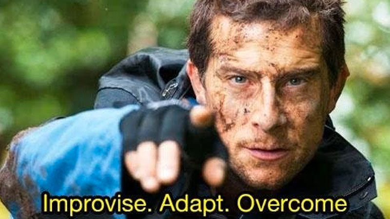 This meme features a photo of Bear Grylls, a British survivalist, with a serious expression. The text "Improvise. Adapt. Overcome." is written below the image, which is a phrase often associated with the US military's core values. The meme is likely referencing the idea that one must be able to adapt and overcome in challenging situations, much like Bear Grylls does in his survival shows.